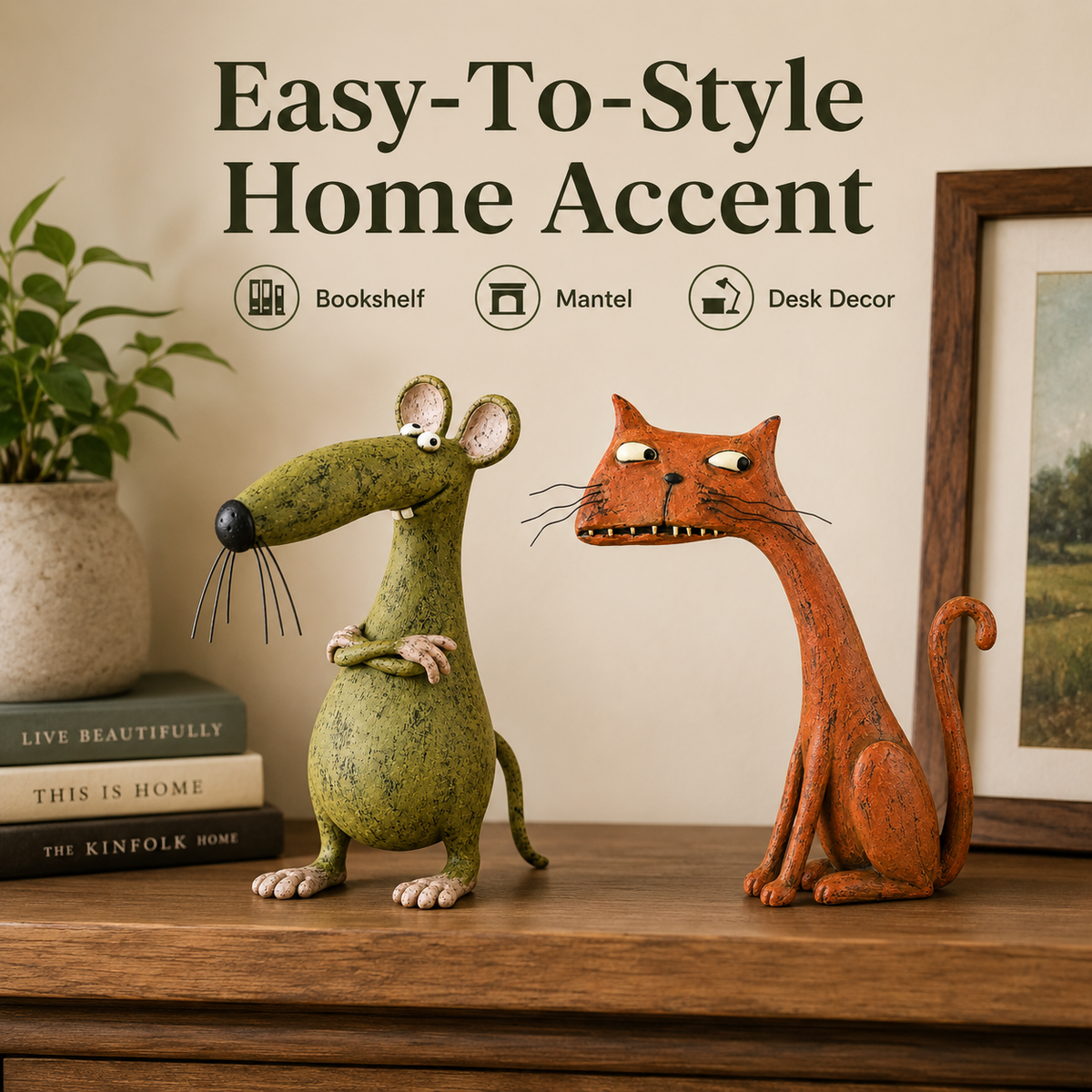 Mouse and cat figurines styled as bookshelf, mantel and desk accents