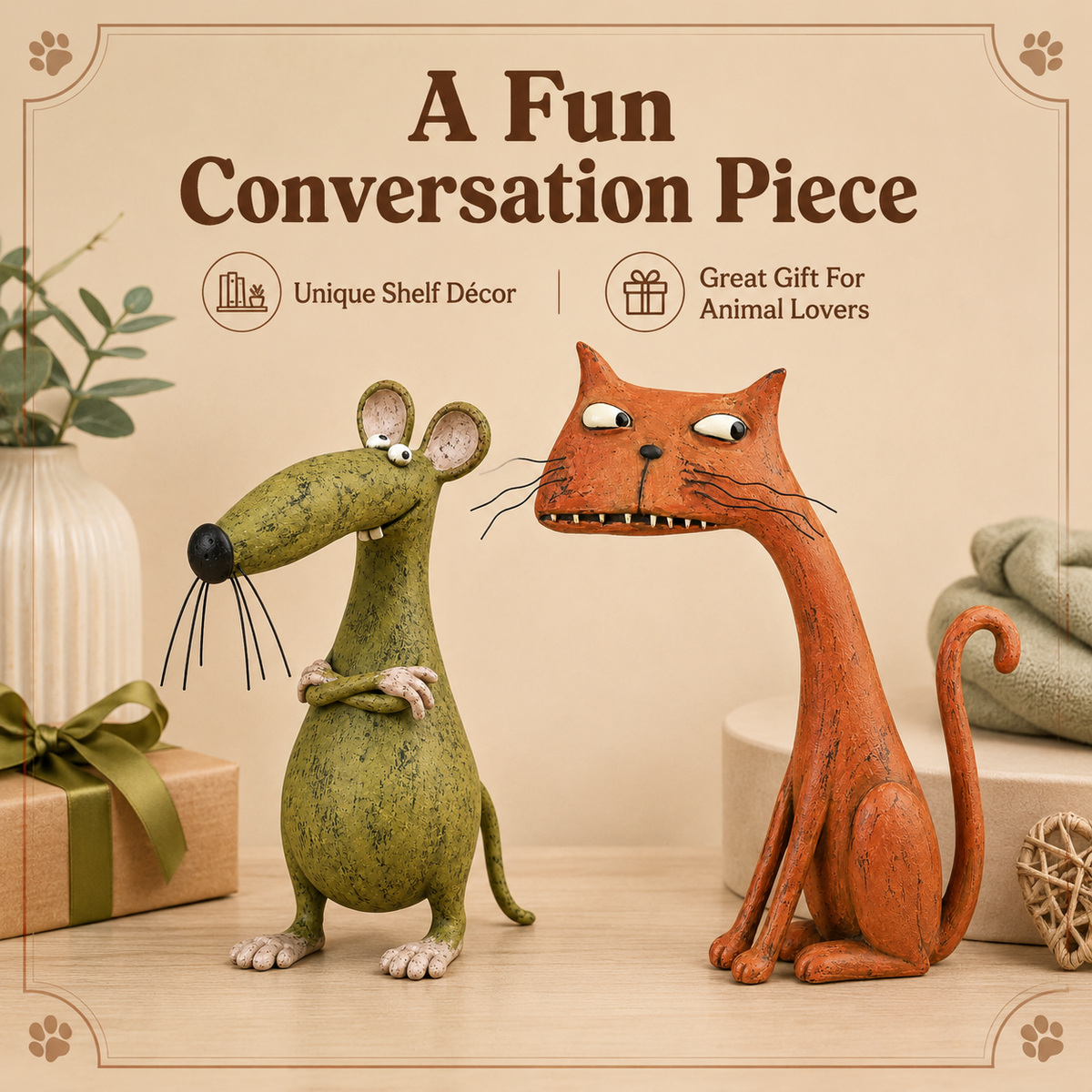 Vintage mouse and cat figurines presented as humorous gifts for animal lovers