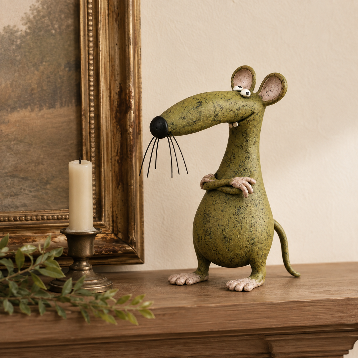 Green vintage mouse figurine displayed beside a framed painting and candle