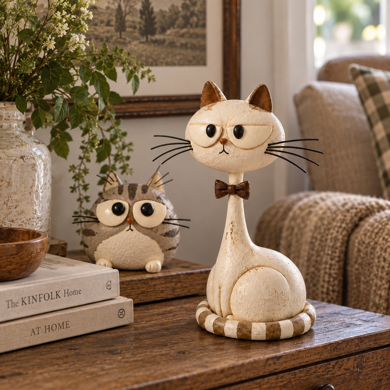 Vintage folk art cat sculptures in a warm home interior