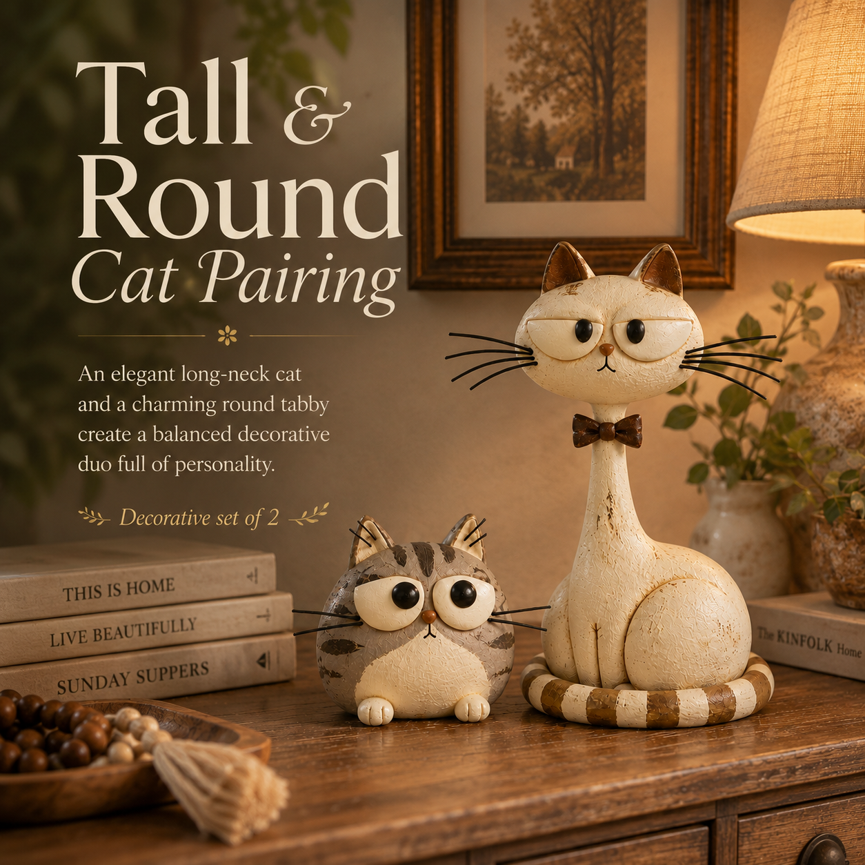 Tall cream vintage folk art cat sculpture with bow tie