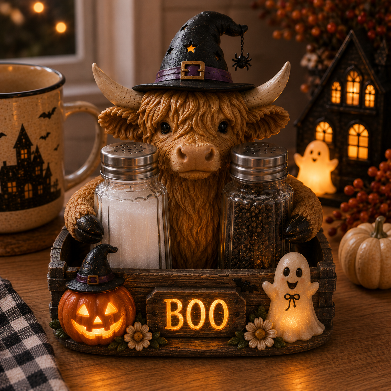 Lighted Halloween Salt & Pepper Shaker Holder Set
