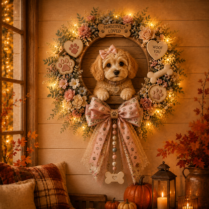 🌸🐶 Lighted Pink Floral Dog Lover Wreath