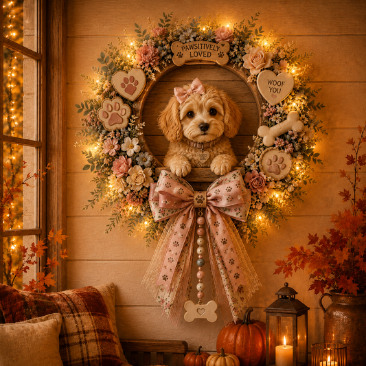 🌸🐶 Lighted Pink Floral Dog Lover Wreath