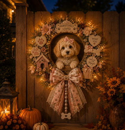 🌸🐶 Lighted Pink Floral Dog Lover Wreath
