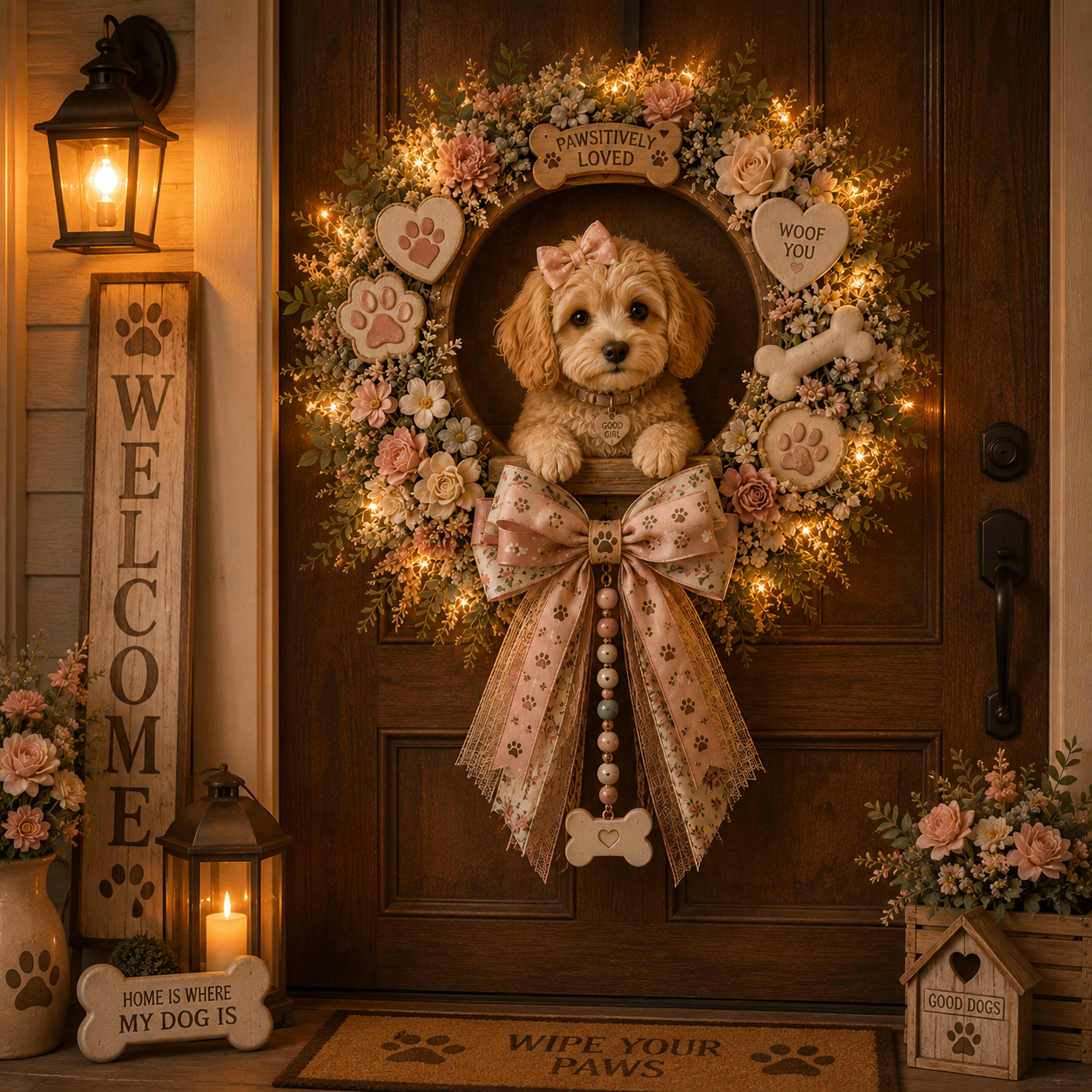 🌸🐶 Lighted Pink Floral Dog Lover Wreath