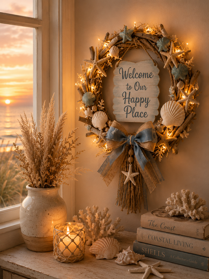 Lighted Coastal “Happy Place” Welcome Wreath