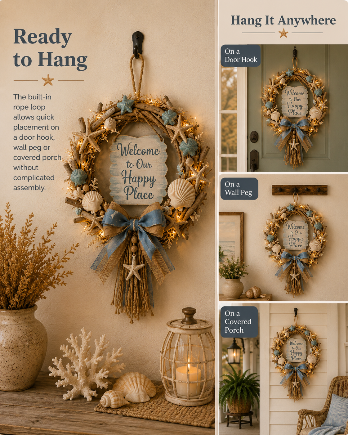 Lighted Coastal “Happy Place” Welcome Wreath