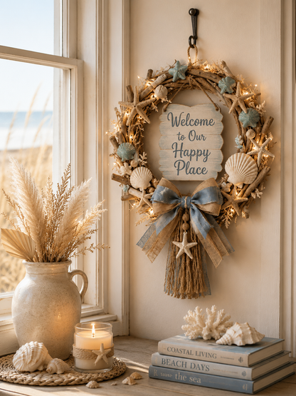 Lighted Coastal “Happy Place” Welcome Wreath