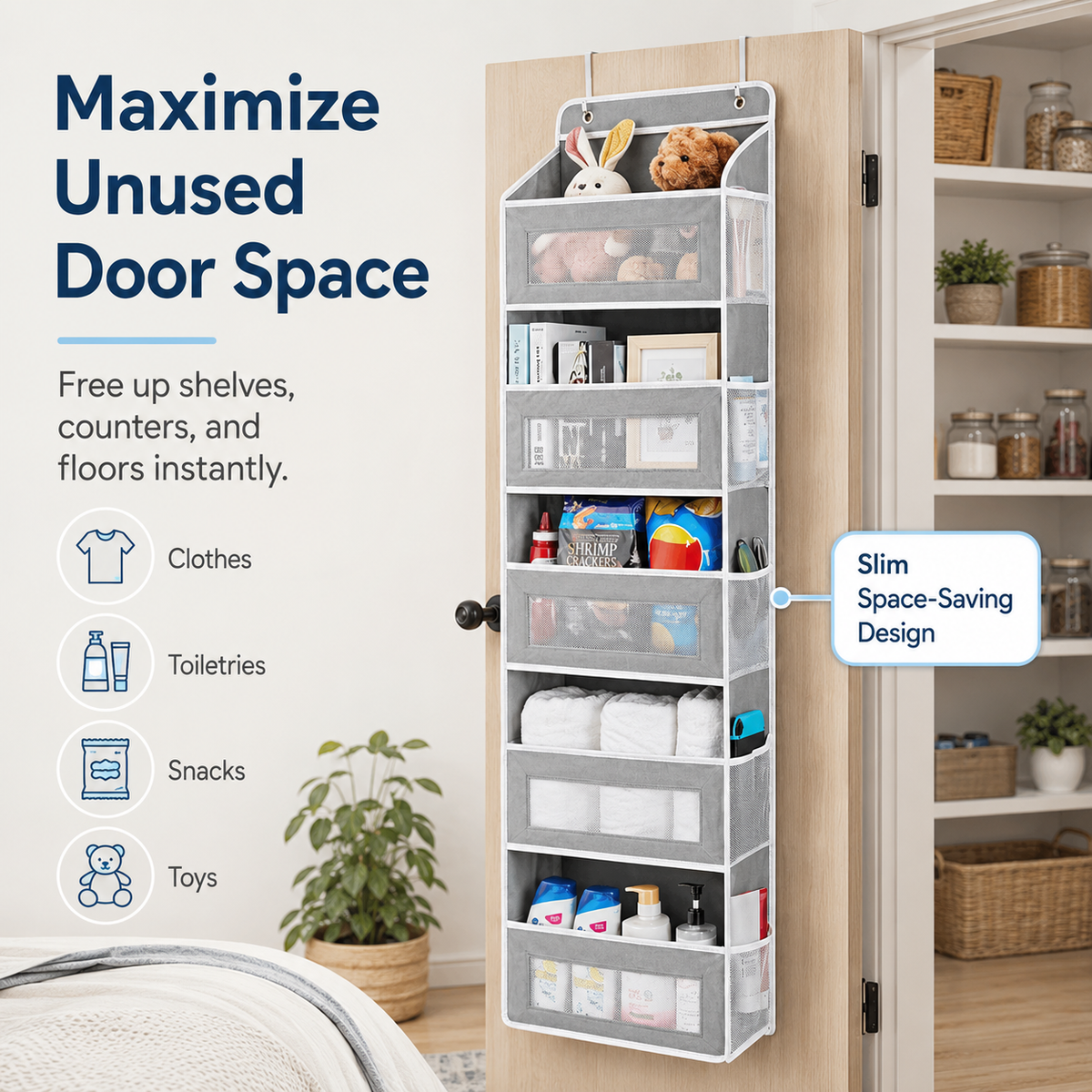 🚪 No-Sway Over-the-Door Storage Rack – 5 Deep Mesh Baskets, 44 lb Capacity