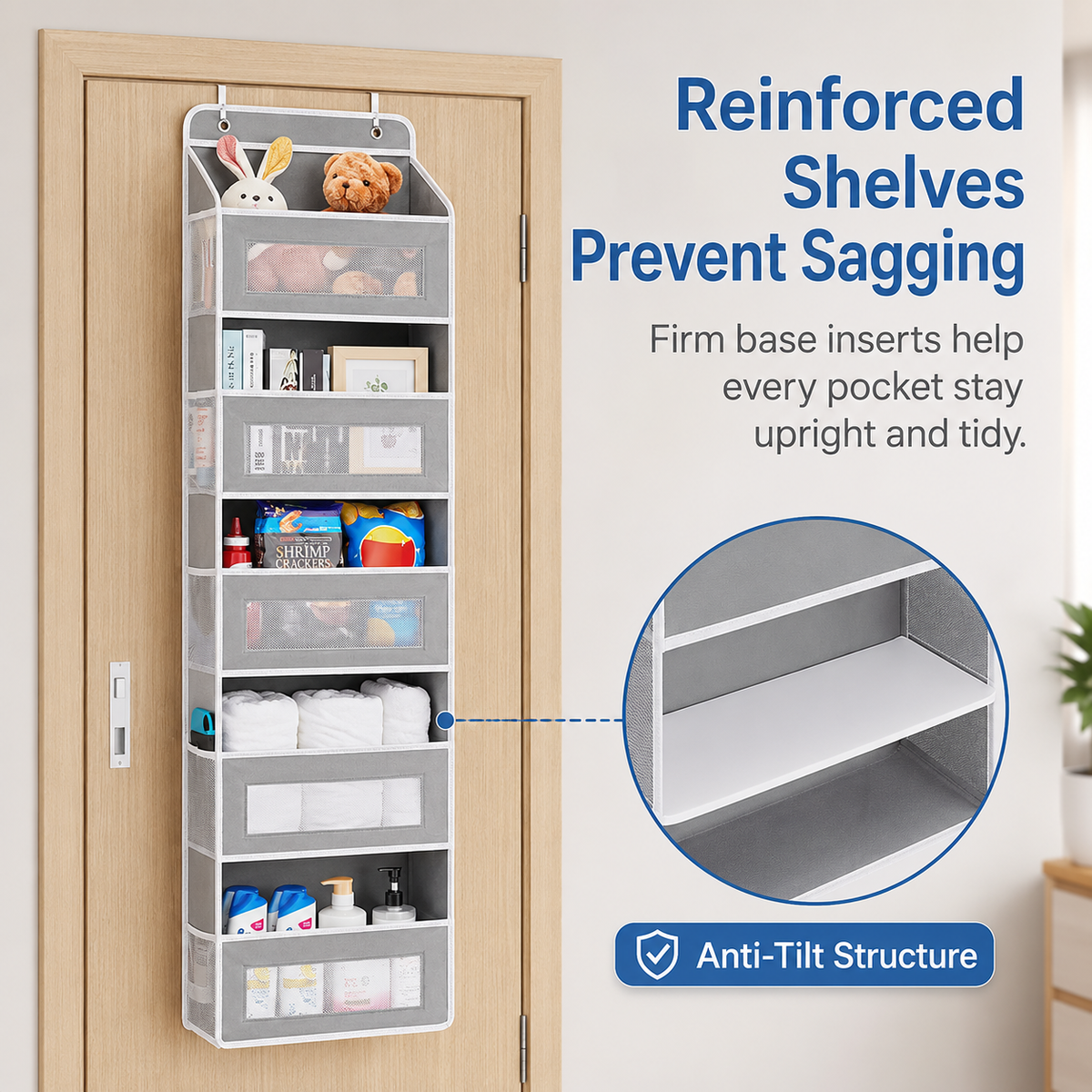 🚪 No-Sway Over-the-Door Storage Rack – 5 Deep Mesh Baskets, 44 lb Capacity