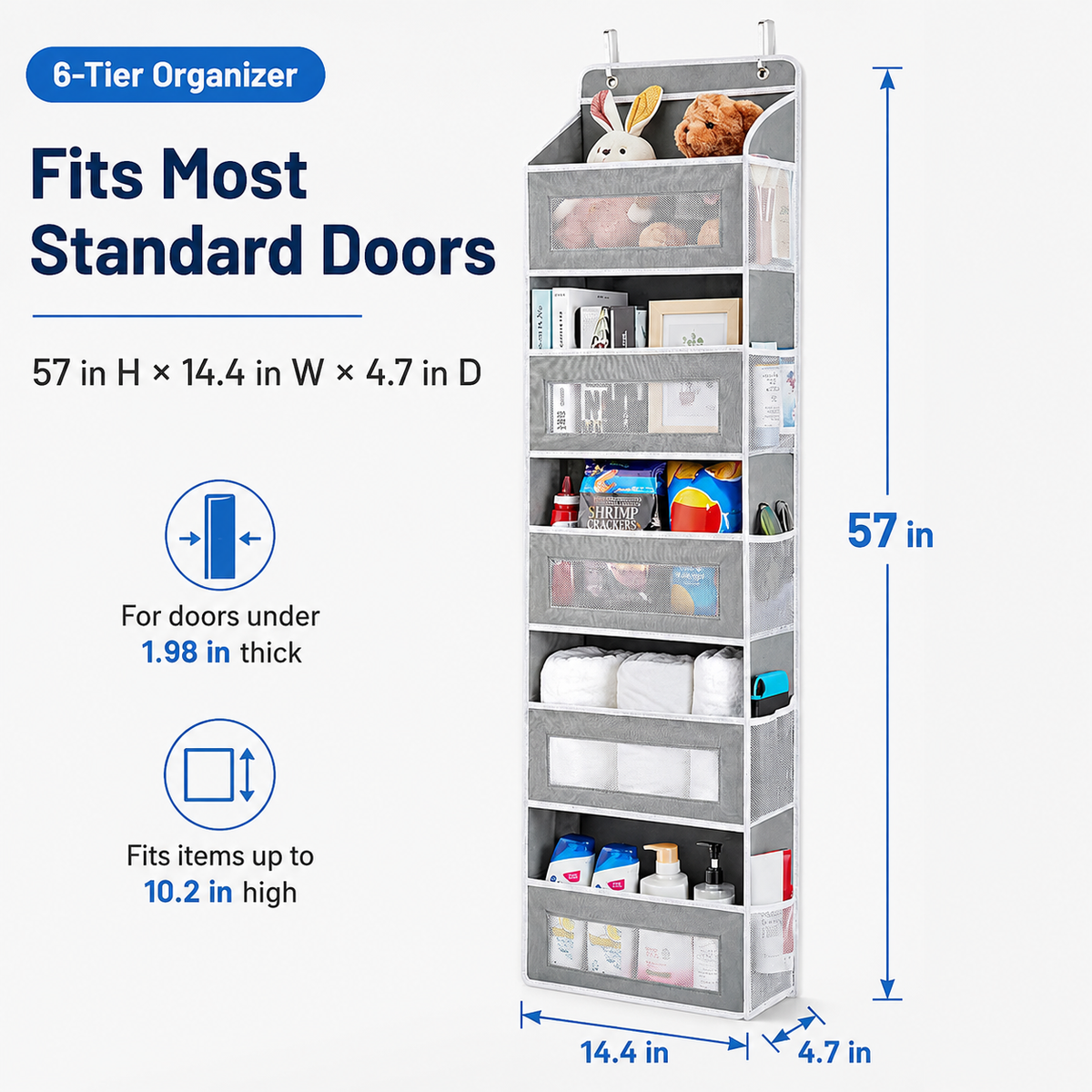 🚪 No-Sway Over-the-Door Storage Rack – 5 Deep Mesh Baskets, 44 lb Capacity