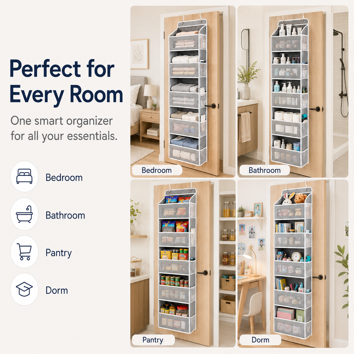 🚪 No-Sway Over-the-Door Storage Rack – 5 Deep Mesh Baskets, 44 lb Capacity