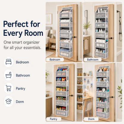 🚪 No-Sway Over-the-Door Storage Rack – 5 Deep Mesh Baskets, 44 lb Capacity