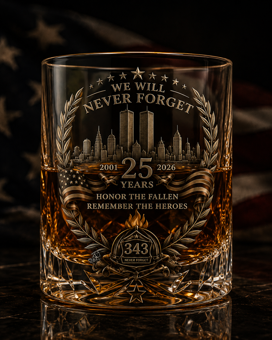 Matching memorial whiskey glass showing the skyline, anniversary dates and 343 emblem