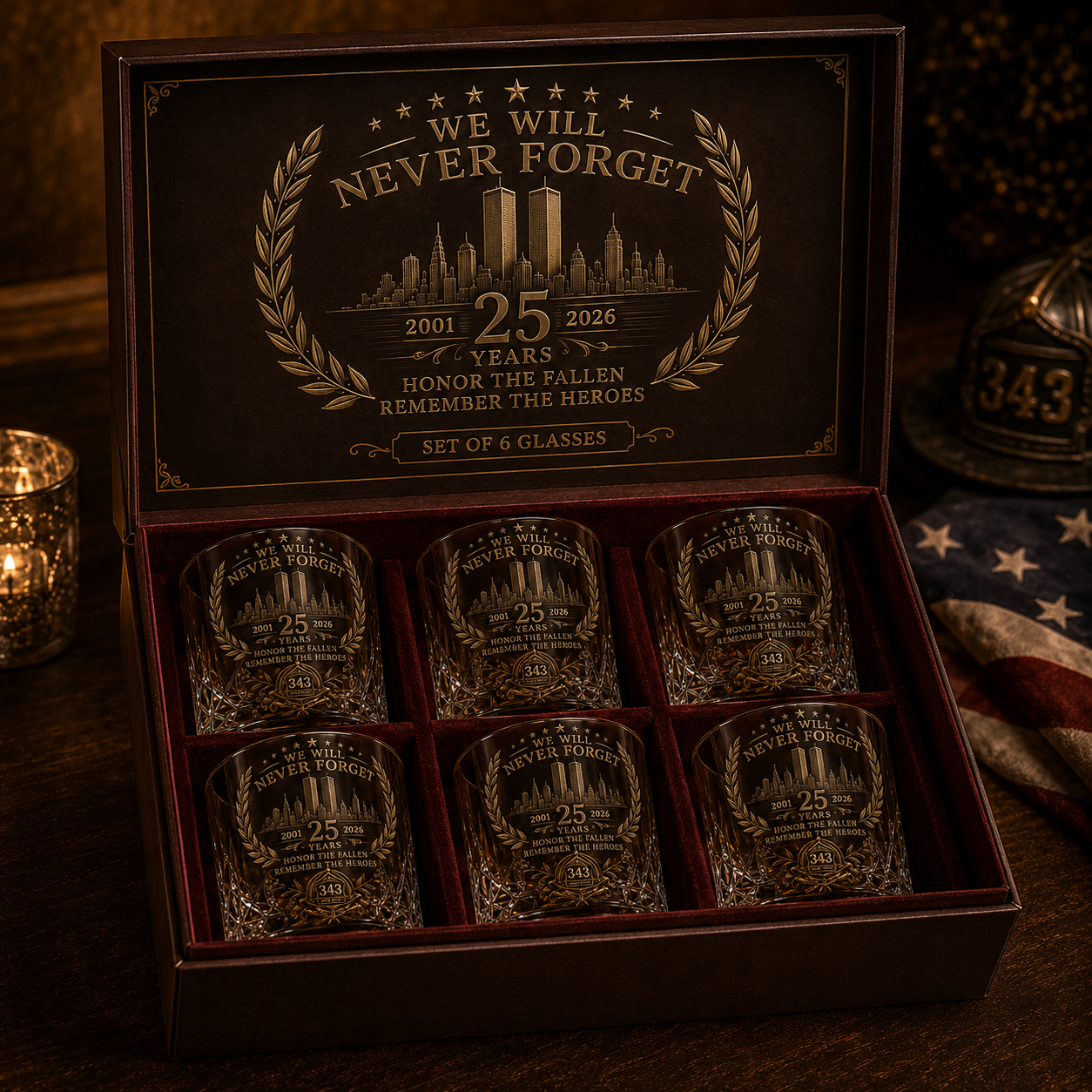 Six matching 25th anniversary memorial whiskey glasses arranged in a presentation case