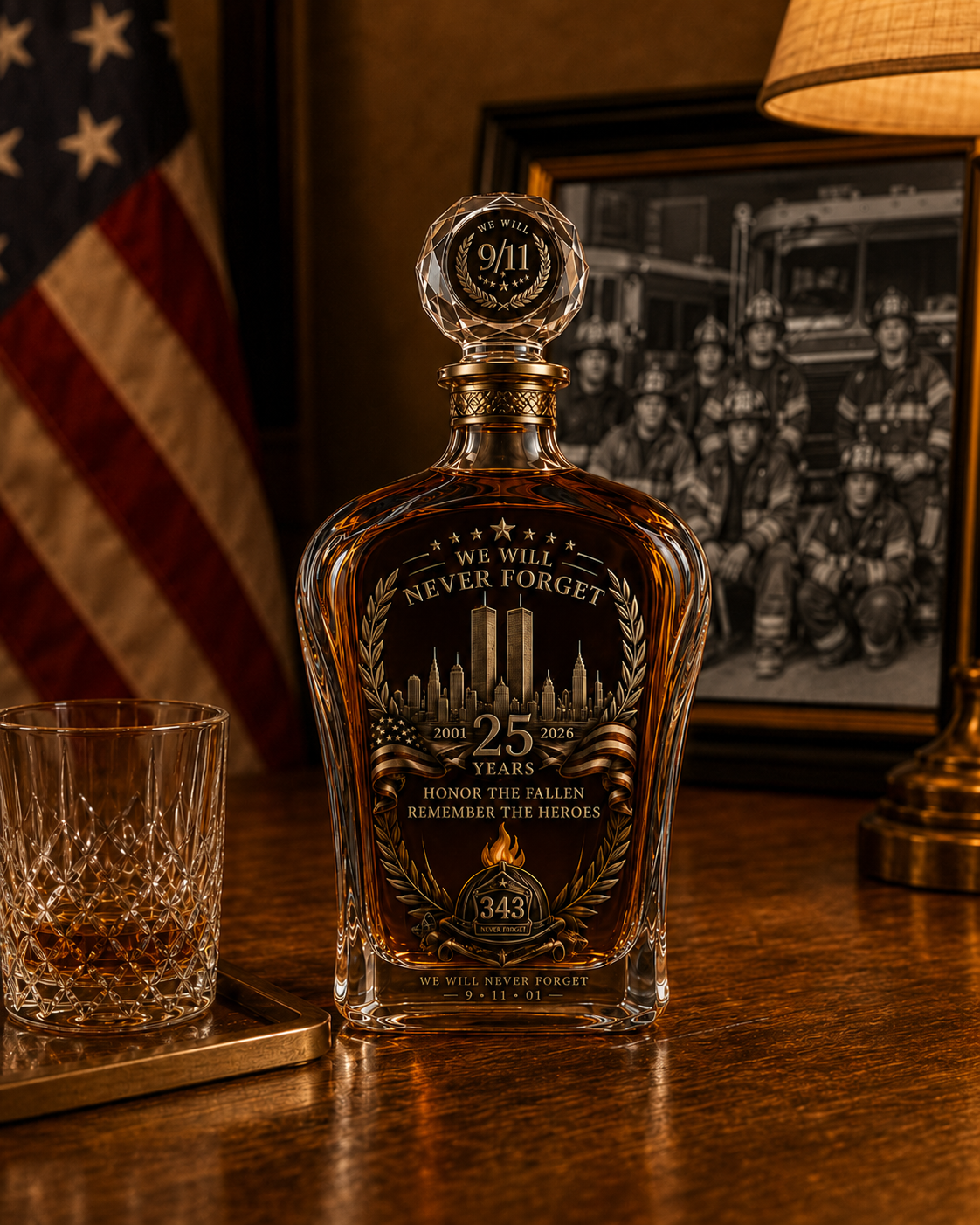 Close view of the memorial decanter showing the stopper, skyline, 25th anniversary and 343 firefighter tribute artwork