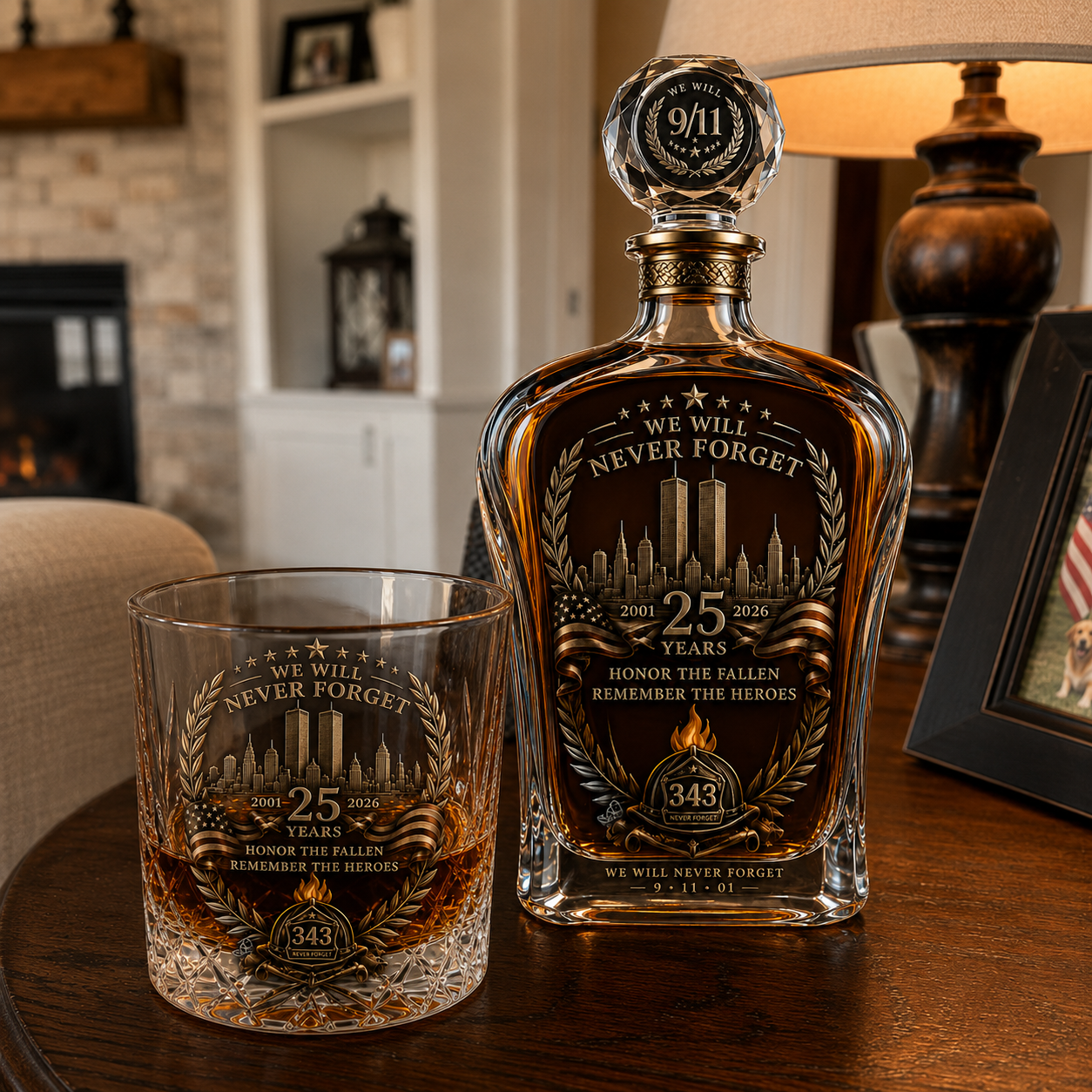 Memorial decanter and matching whiskey glass displayed in a warm American home interior