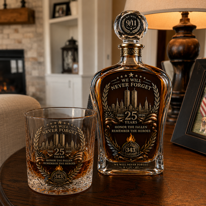 🕯️ 9/11 25th Anniversary Memorial Whiskey Decanter & Glass Gift Set – We Will Never Forget 343 Heroes Tribute