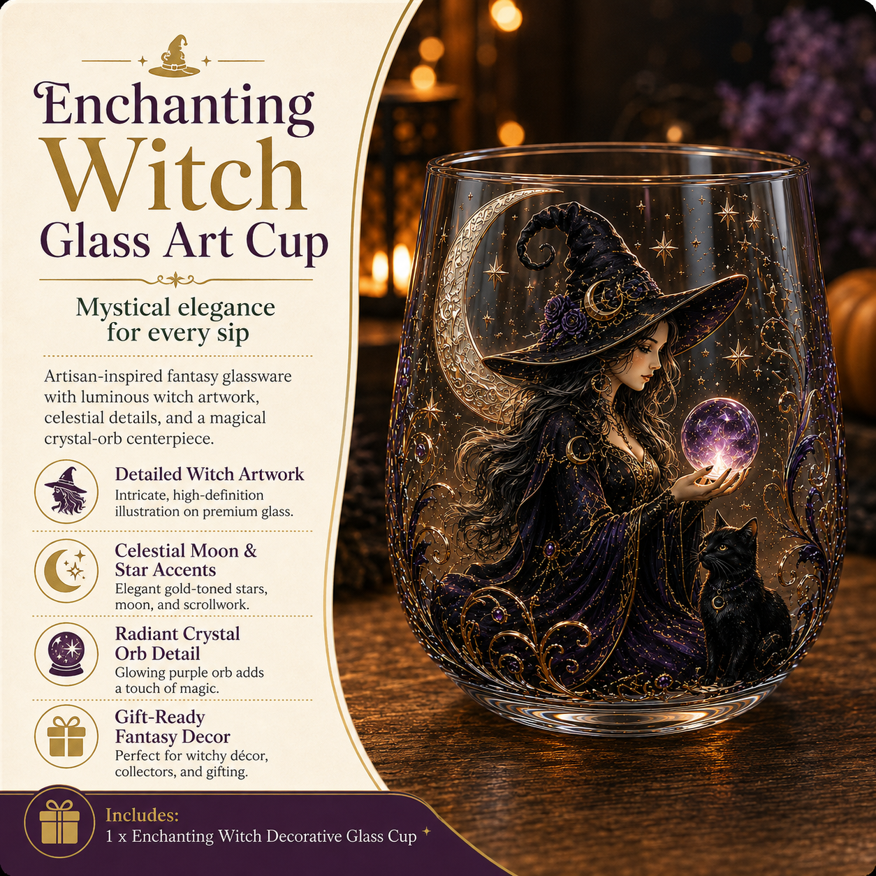 🧙‍♀️🔮 Enchanting Witch 3D Glass Art Cup | Mystical Raised Fantasy Glassware for Wine, Witchy Home Décor & Magical Gifts 🎁