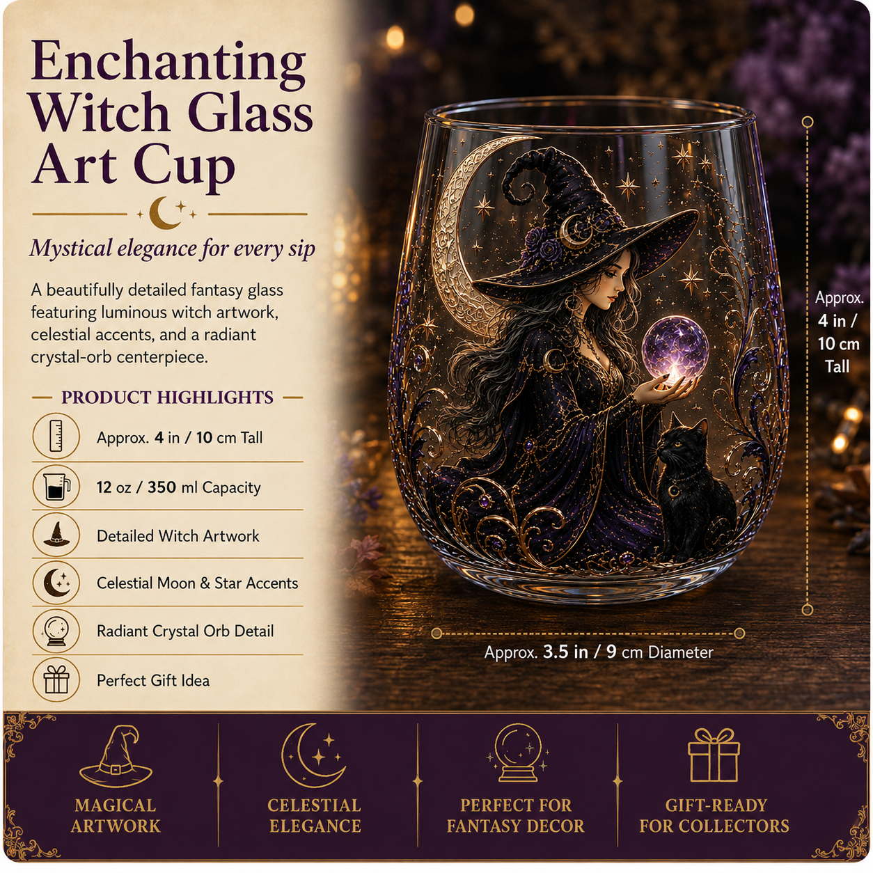 🧙‍♀️🔮 Enchanting Witch 3D Glass Art Cup | Mystical Raised Fantasy Glassware for Wine, Witchy Home Décor & Magical Gifts 🎁
