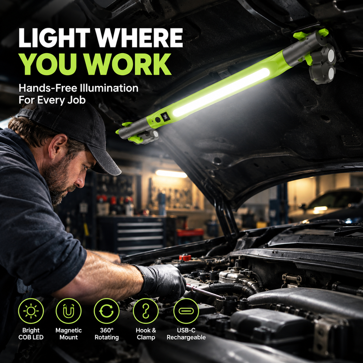 🔧 Cordless COB Shop Light with 360° Swivel, Magnetic Base and USB Rechargeable Power