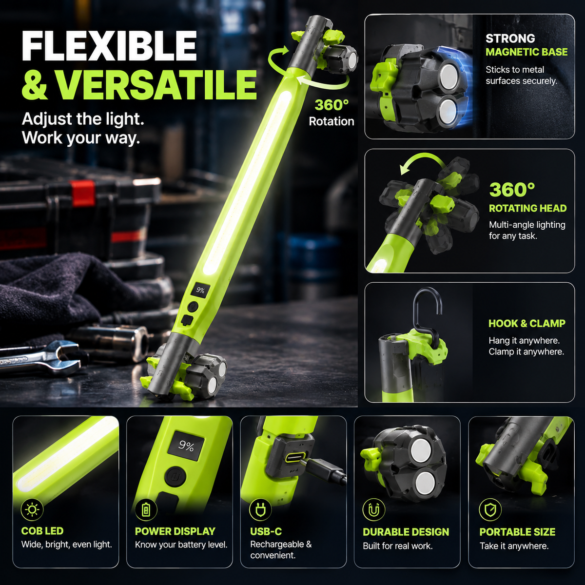 🔧 Cordless COB Shop Light with 360° Swivel, Magnetic Base and USB Rechargeable Power