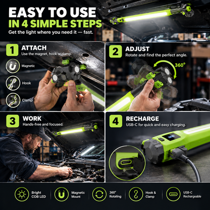 🔧 Cordless COB Shop Light with 360° Swivel, Magnetic Base and USB Rechargeable Power