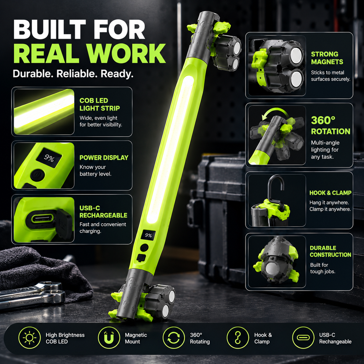🔧 Cordless COB Shop Light with 360° Swivel, Magnetic Base and USB Rechargeable Power
