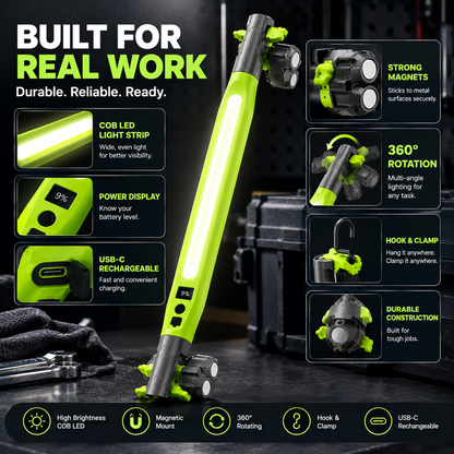 🔧 Cordless COB Shop Light with 360° Swivel, Magnetic Base and USB Rechargeable Power
