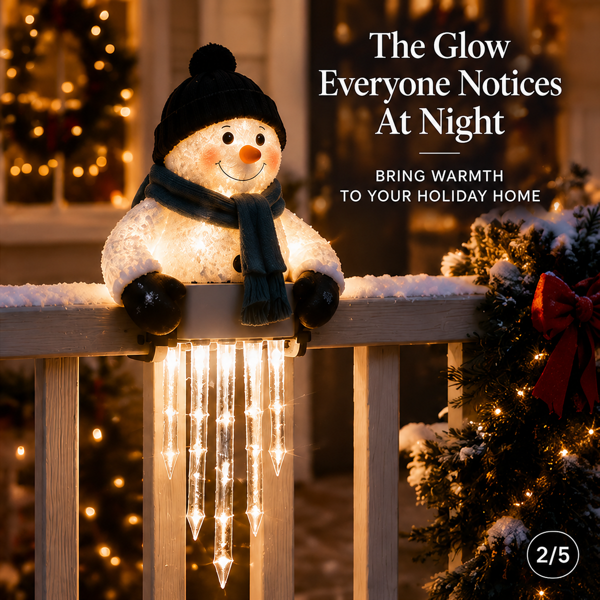 WinterGlow snowman light with a blue scarf and hanging warm-glowing icicles on a porch railing