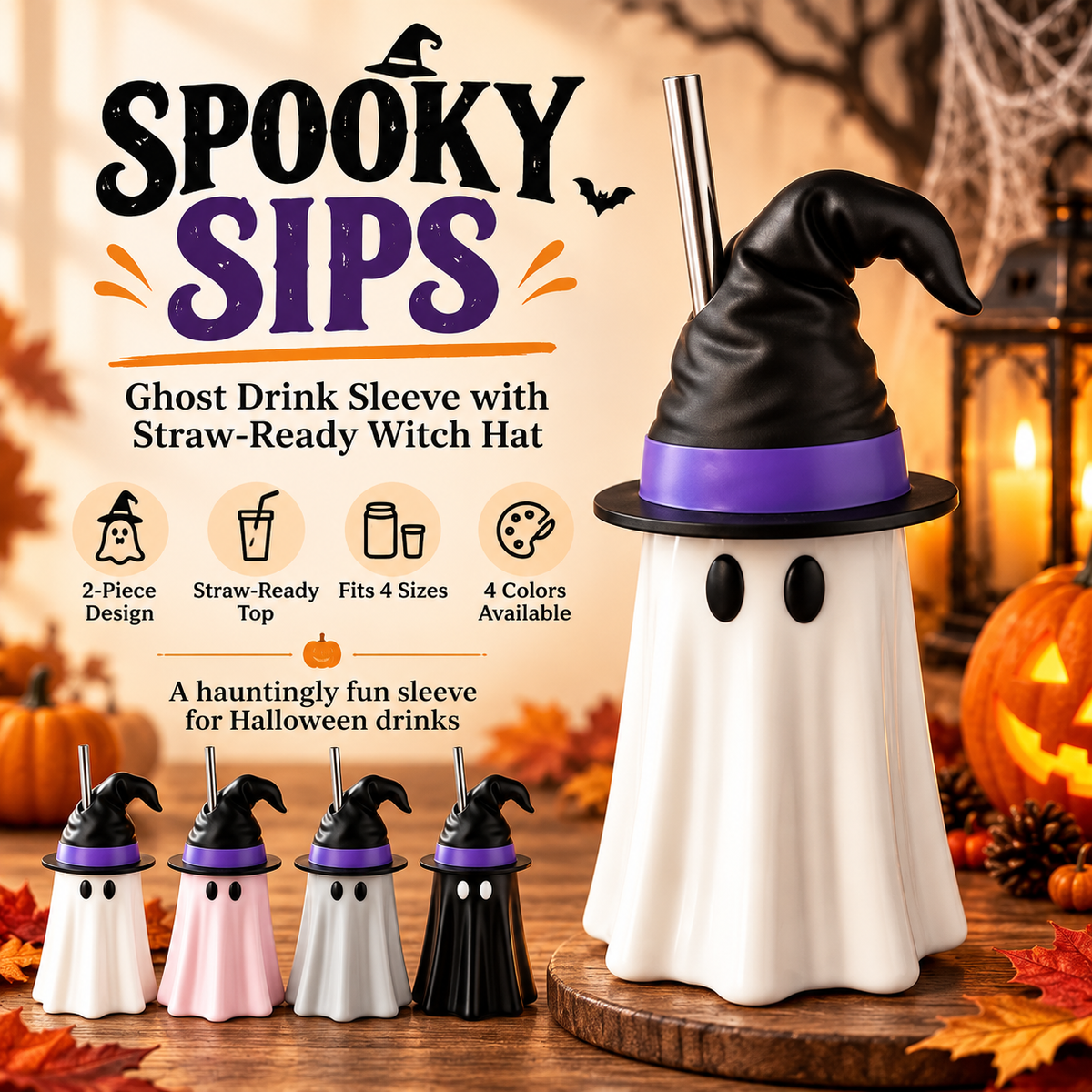 👻 Spooky Sips Ghost Drink Sleeve – Cute Halloween Coffee Cup Cozy