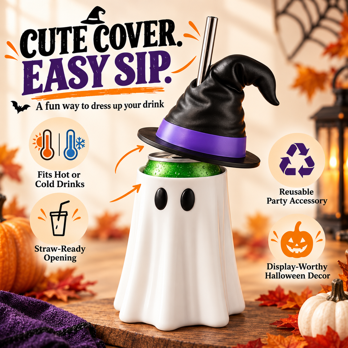 👻 Spooky Sips Ghost Drink Sleeve – Cute Halloween Coffee Cup Cozy