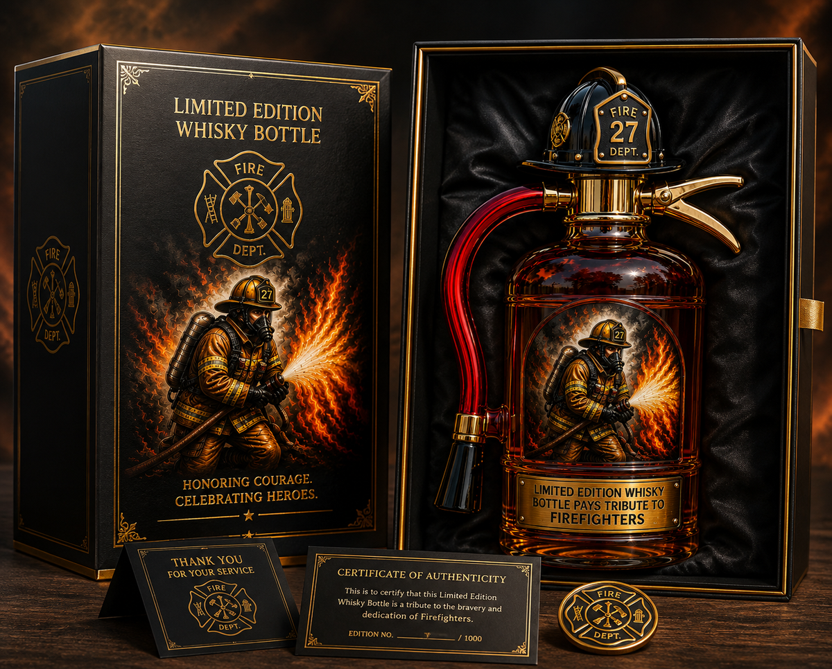 🔥 Limited Edition Firefighter Tribute Whiskey Bottle – Fire Extinguisher-Inspired Collectible Decanter, Heroic Firefighter Gift