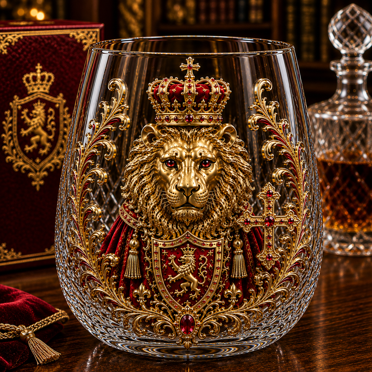 👑🦁 3D Royal Lion Glass Art Cup | Luxury Raised Whiskey Glass with Crowned Lion Design, Collectible Barware & Gift for Whiskey Lovers