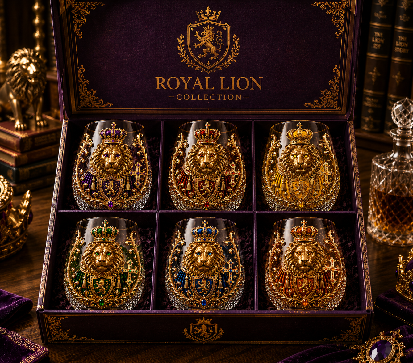 👑🦁 3D Royal Lion Glass Art Cup | Luxury Raised Whiskey Glass with Crowned Lion Design, Collectible Barware & Gift for Whiskey Lovers