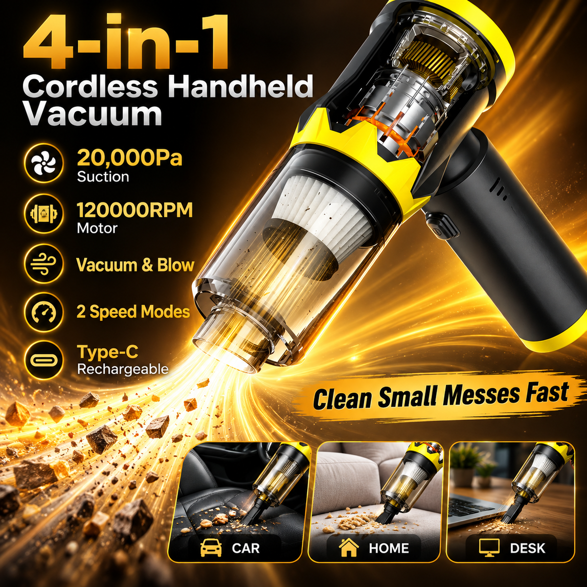 🧹 4-in-1 Cordless Handheld Vacuum – Compact Everyday Cleaning Tool
