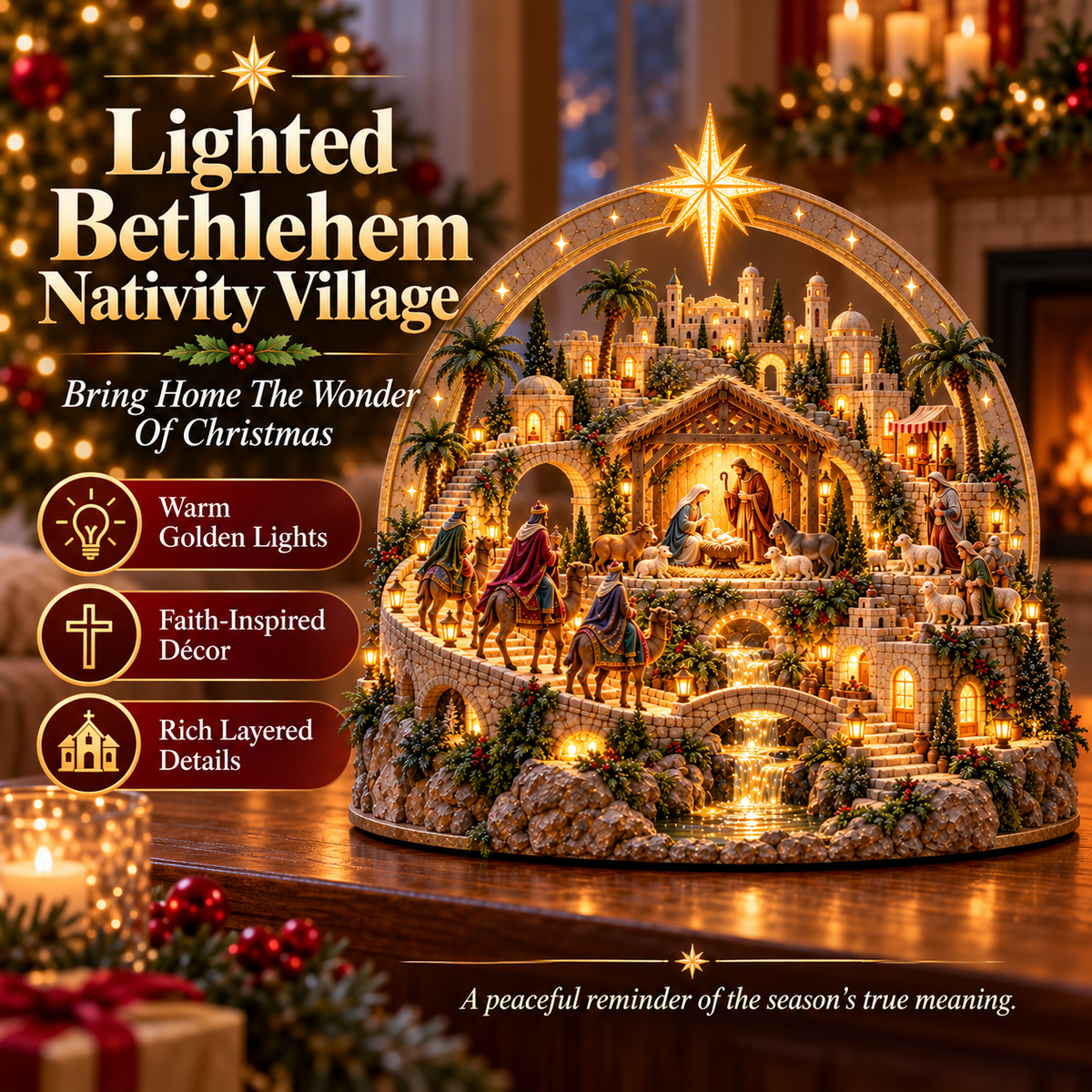 🌟 Lighted Bethlehem Nativity Village – Star Arch Christmas Tabletop Decor 🎄