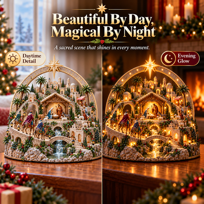 🌟 Lighted Bethlehem Nativity Village – Star Arch Christmas Tabletop Decor 🎄