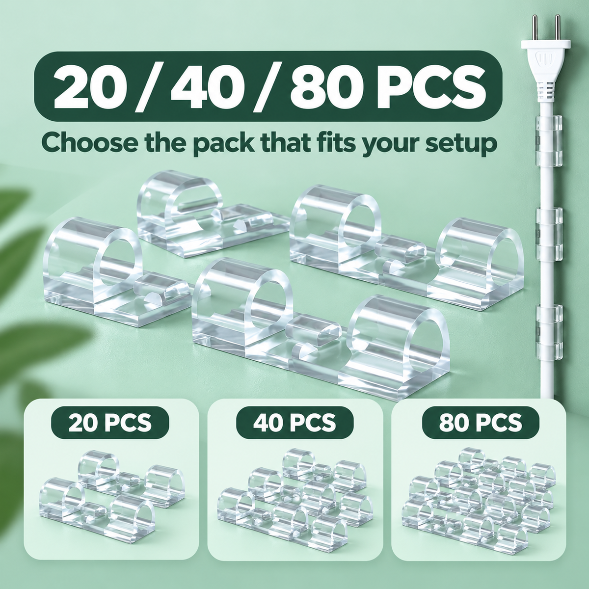 Adhesive Cable Management Clips 🔒 – 20/40/80PCS Cord Organizer Options