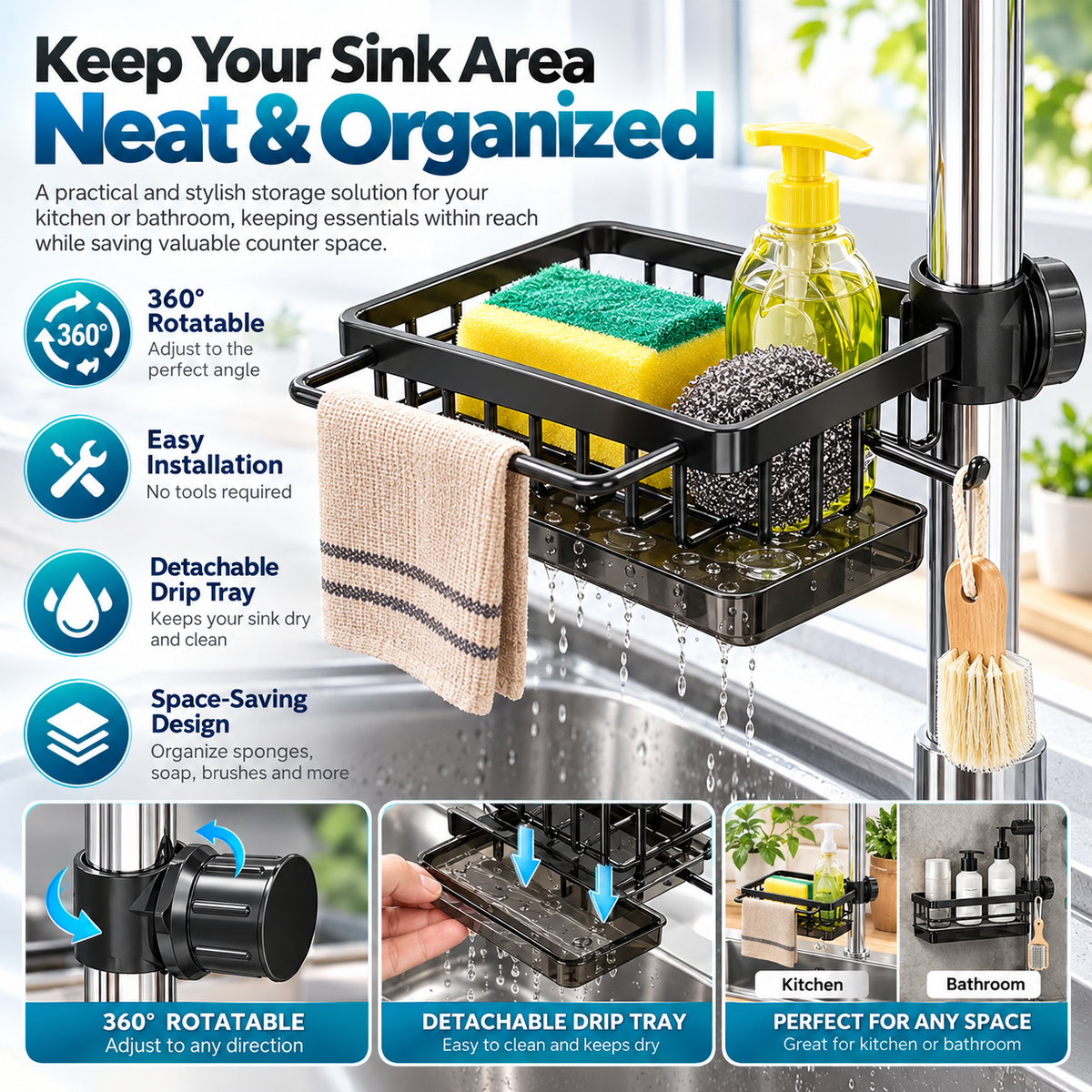 Kitchen Faucet Organizer 🧽 – Handy Sink Storage Rack