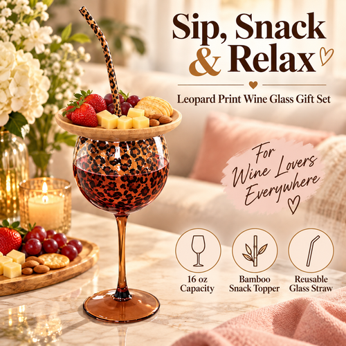 🍷🐆 Leopard Print Sip & Snack Wine Glass Set – Charcuterie Topper & Straw