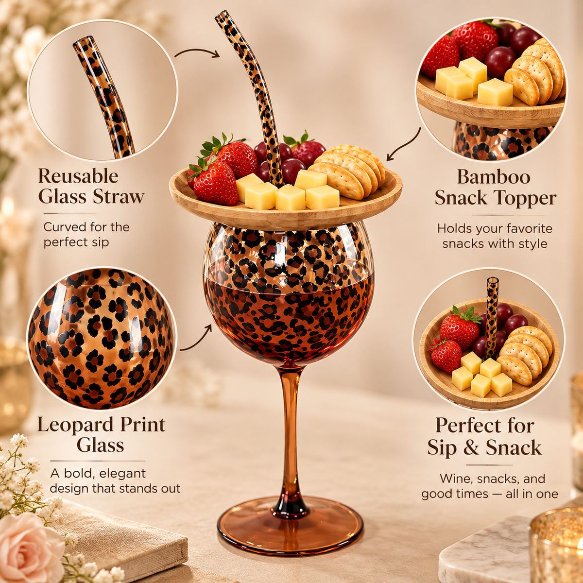 🍷🐆 Leopard Print Sip & Snack Wine Glass Set – Charcuterie Topper & Straw
