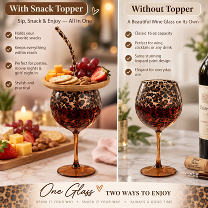 🍷🐆 Leopard Print Sip & Snack Wine Glass Set – Charcuterie Topper & Straw