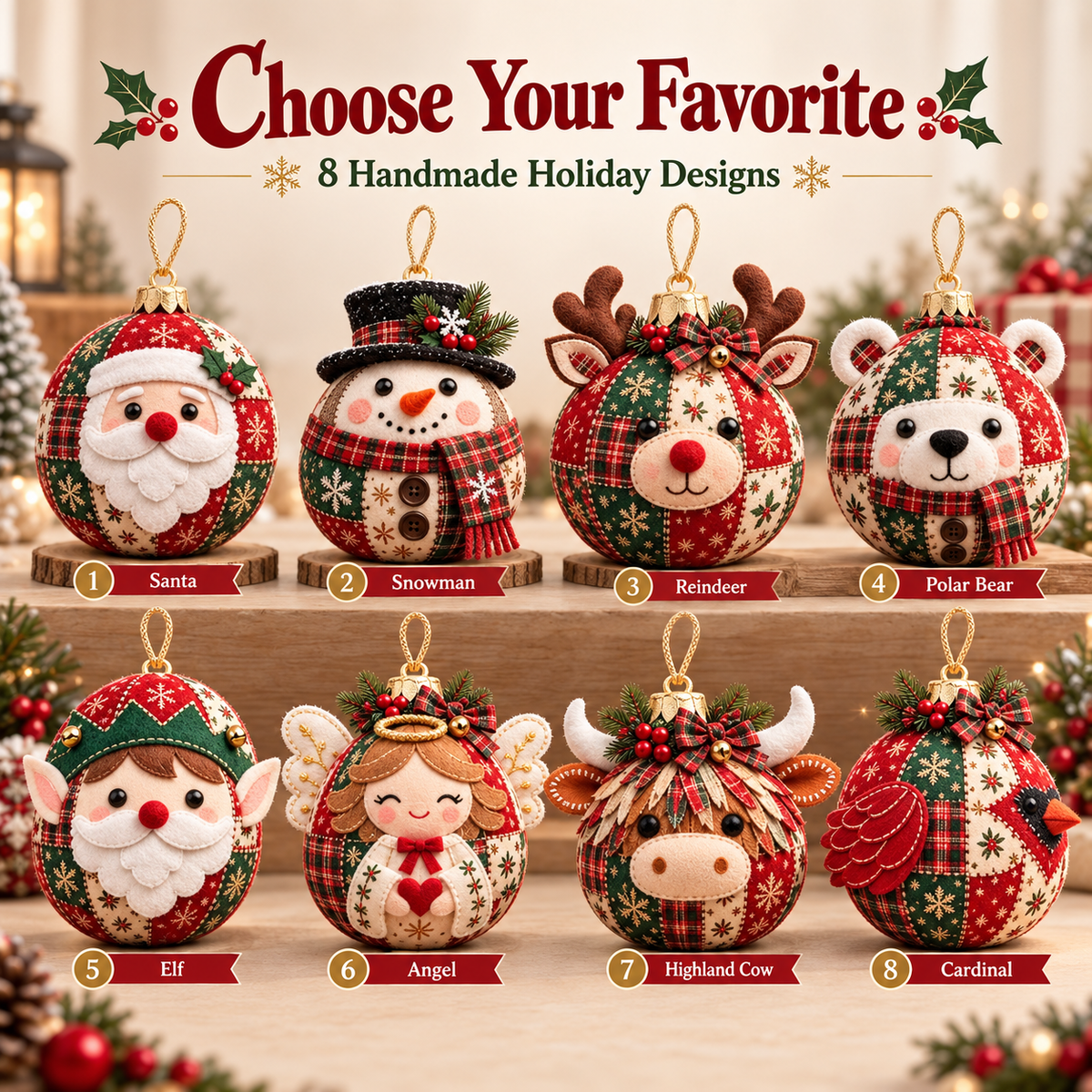 🎄 Cozy Patchwork Christmas Ornament Collection– Handmade Holiday Characters