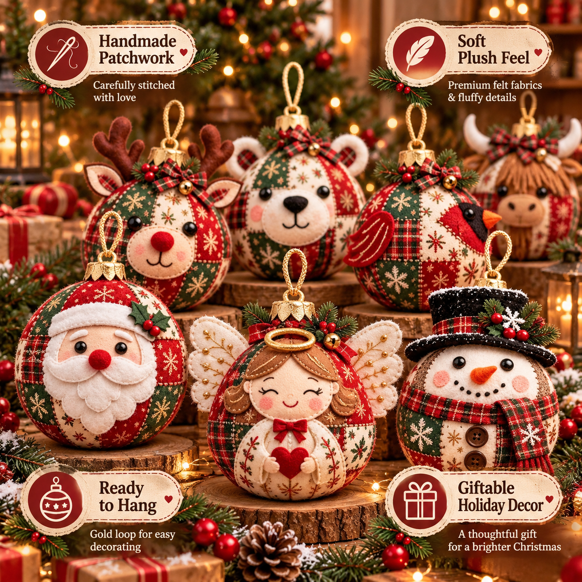 🎄 Cozy Patchwork Christmas Ornament Collection– Handmade Holiday Characters
