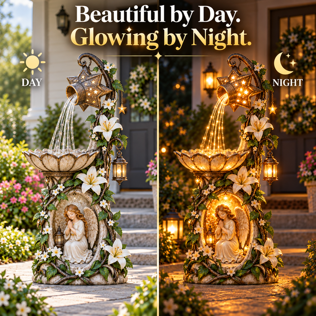 Side-by-side daytime and illuminated evening views of the Angel Starlight garden decoration
