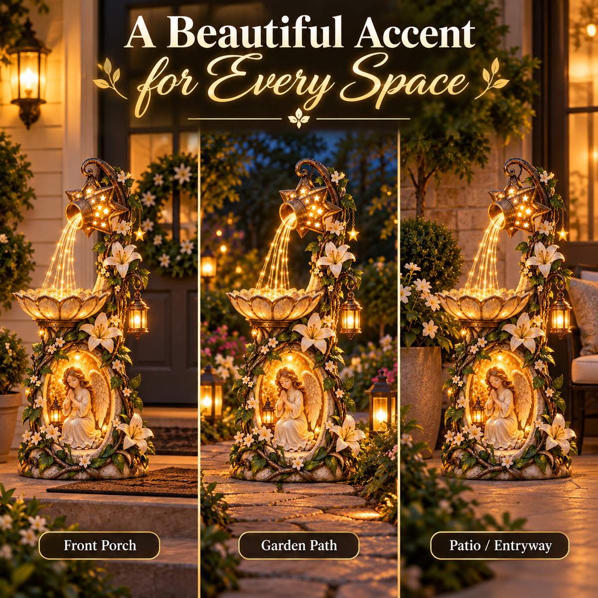 Angel Starlight styled beside a front porch, garden path and patio entryway