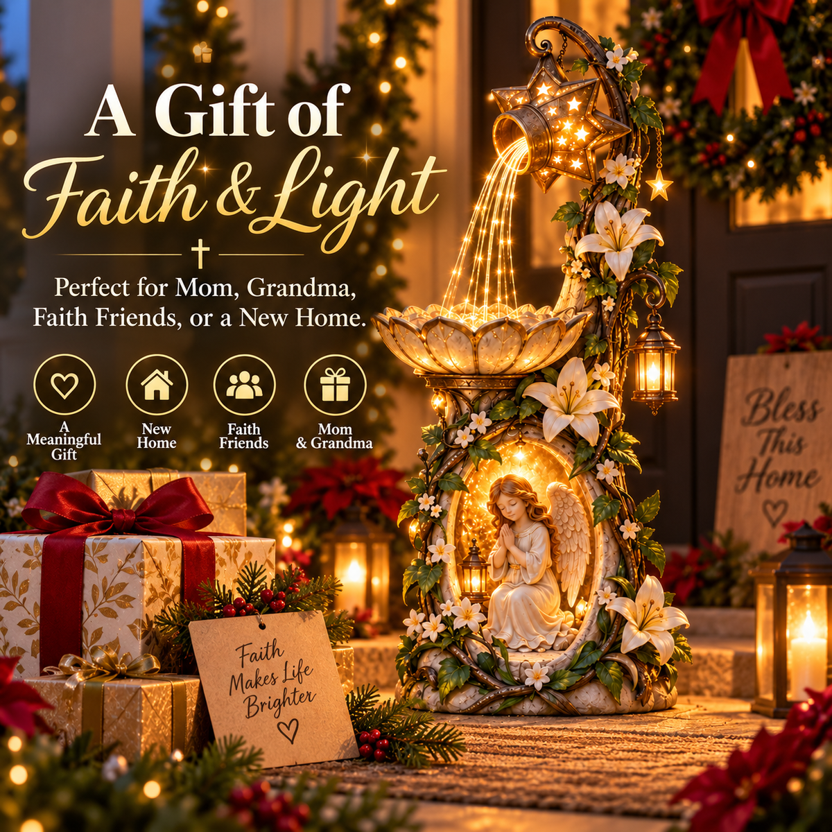 Angel Starlight arranged in a Christmas setting with wrapped gifts and festive greenery
