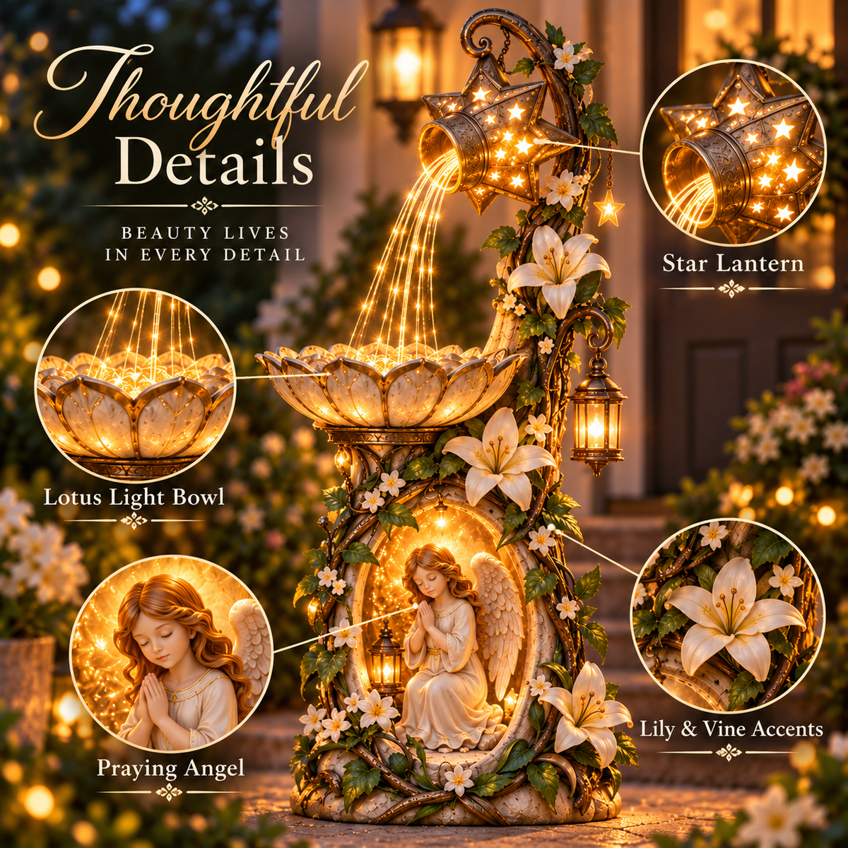 Close-up illustrations of the star lantern, flower-shaped light bowl, praying angel, lilies and vines